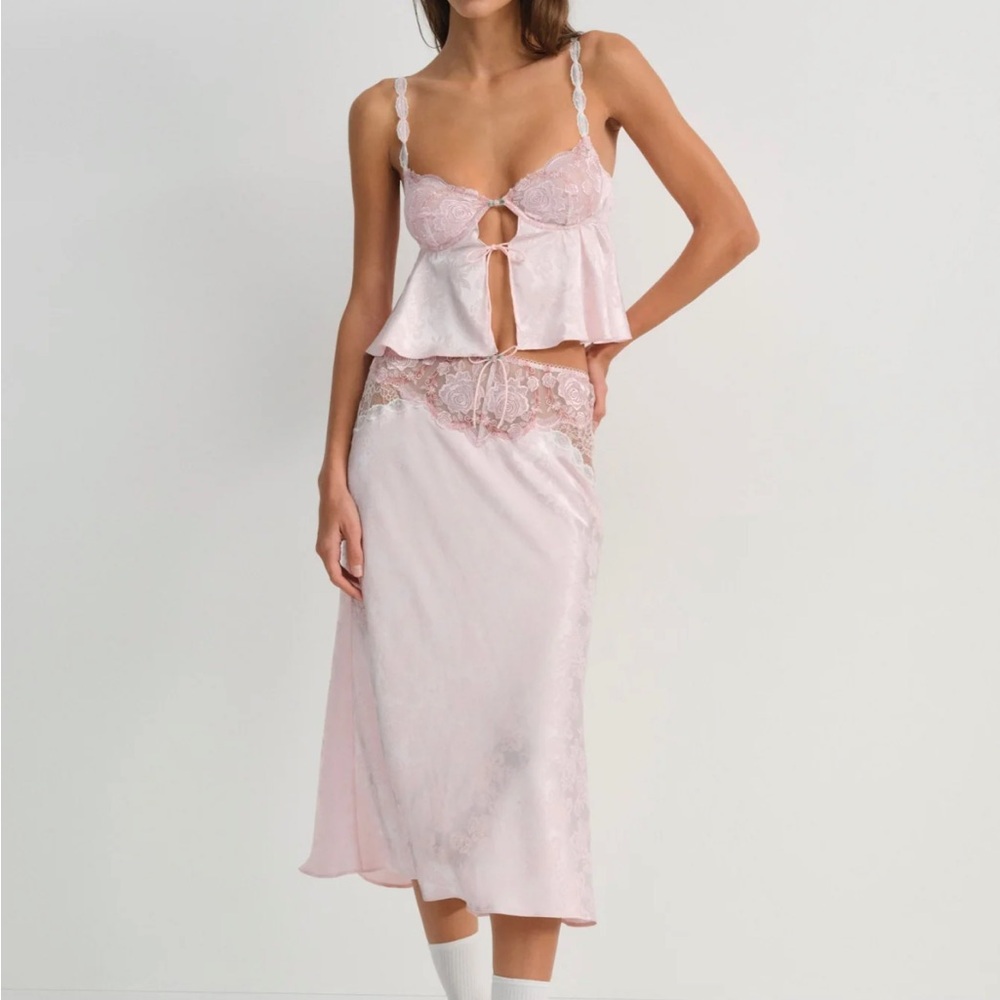 For Love And Lemons Satin Lace-Trim Chemise Set in Light Pink